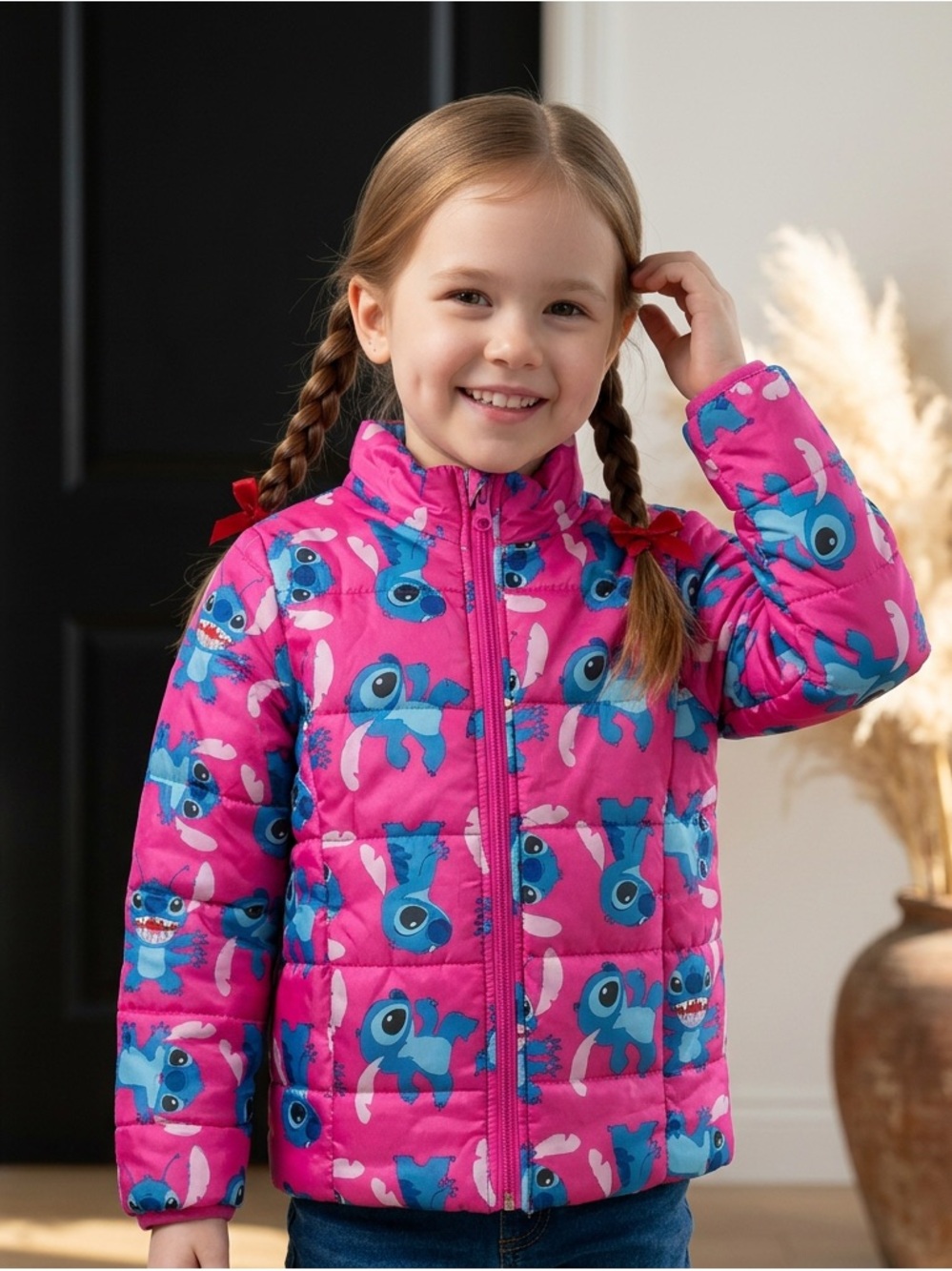 Disney Parks Stitch Girls Puffer Jacket Pink All Over Print Lightweight Size 7/8